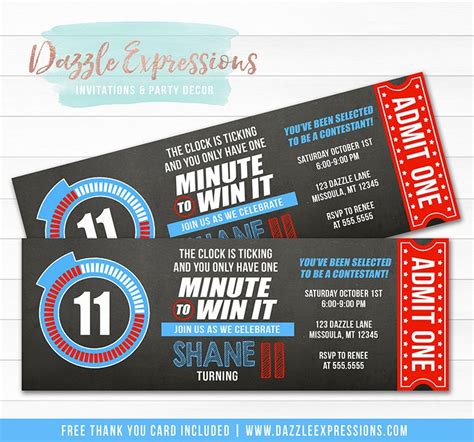 Printable Minute To Win It Inspired Birthday Ticket Invitation Minute