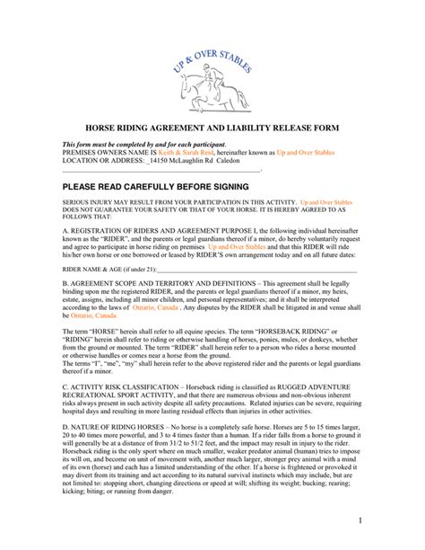 horse riding agreement  liability release form  word   formats