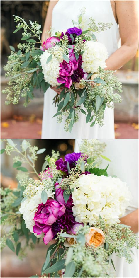 Are there any eucalyptus flowers for a wedding? Purple bouquet, white hydrangeas, seeded eucalyptus ...