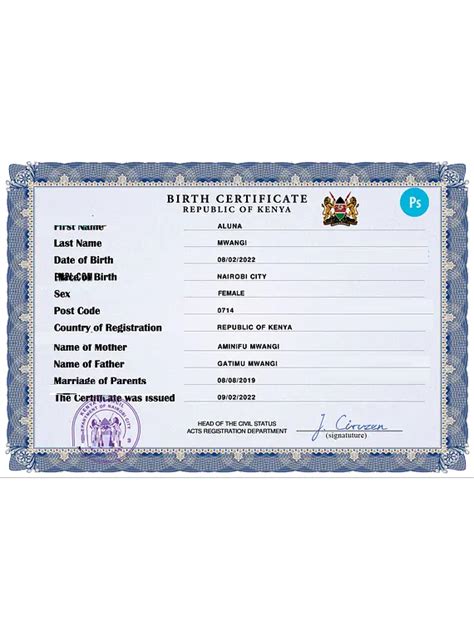 Kenya Vital Record Birth Certificate Psd Template Fully Editable