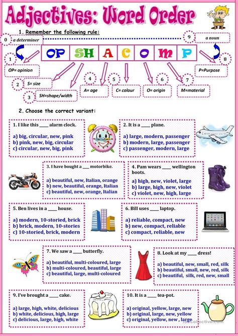 Adjectives free esl printable grammar worksheets, eal exercises, efl questions, tefl handouts, esol quizzes, multiple choice tests, elt activities, english this worksheet was made for revising comparative and superlative adjectives. Adjectives: Word Order worksheet - Free ESL printable ...