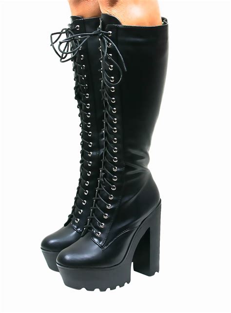 ladies womens knee high chunky block heel platform lace up boots punk new size ebay