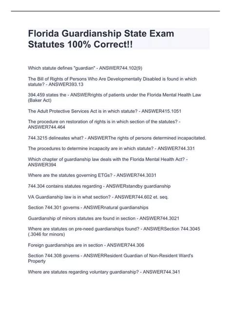 Florida Guardianship State Exam Statutes 100% Correct!! - Florida