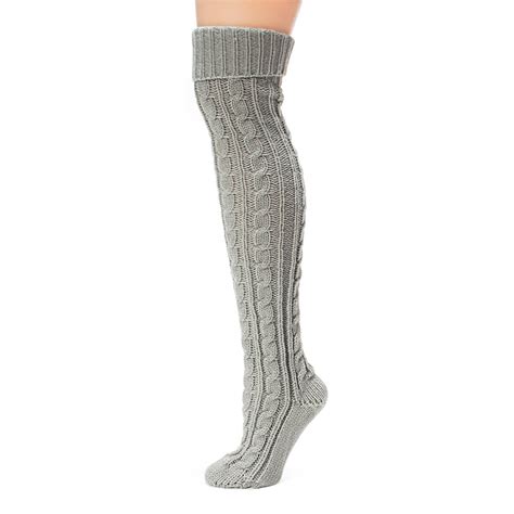 Muk Luks Womens Soft Grey Cable Knit Over The Knee Socks Grey One Size