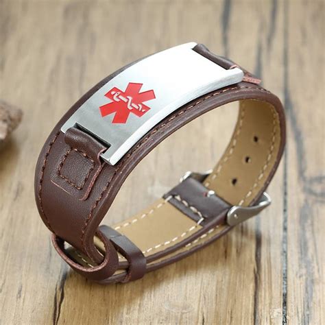 Wide Leather Medical Id Bracelet For Men Band And Bracelets