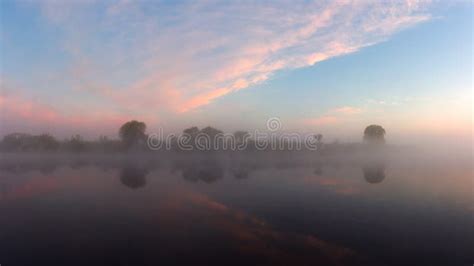 Summer River In Morning Dawn Nature Landscape On Riverside With