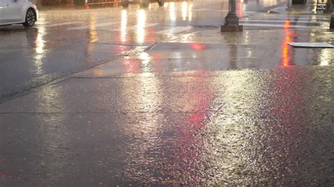 Lights Reflection Road In Rainy Weather Rain Drops Wet Asphalt Of