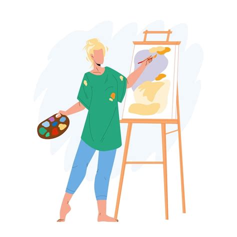 Premium Vector Artist Woman Painting Picture On Canvas Vector Young