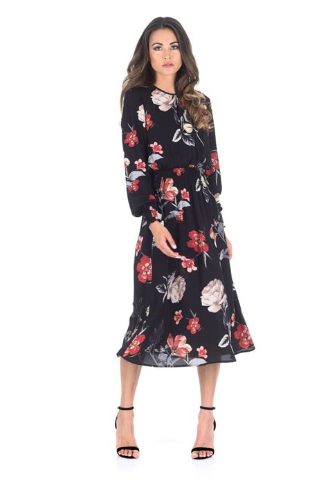 black floral long sleeve elastic waist midi dress ax paris