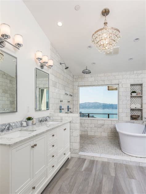 White tiled wainscoting and an elegant vintage tub signal classic style in this cozy bathroom. Best 15 Subway Tile Bathroom Ideas | Houzz