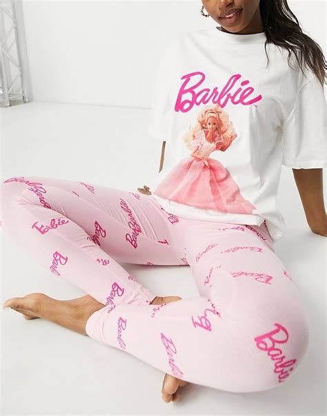 Asos Design Barbie Night Out Tee And Legging Pajama Set In White And Pink