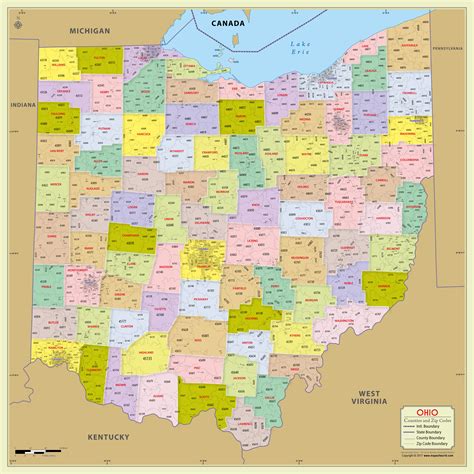 Buy Ohio Zip Code Map With Counties 48″ W X 48″ H