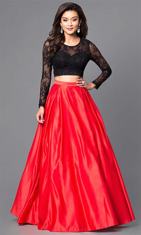 The new year is just around the corner, and all of new orleans is out to celebrate, but even wealthy partiers' diamond earrings can't outshine the real star of the night: Two Piece Red and Black Floor Length Prom Dress