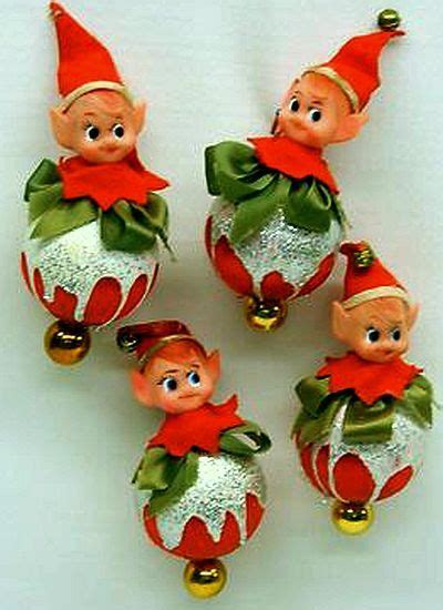 Vintage Elf Christmas Tree Ornaments Silver Glitter On Red Satin Balls
