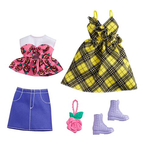 Barbie Fashion Yellow Plaid Dress Floral Top Denim Skirt And