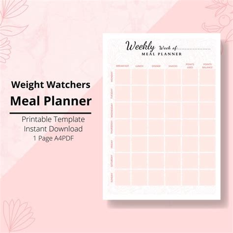 Weight Watchers Meal Planner Food Diary Weekly Meal Plan Etsy