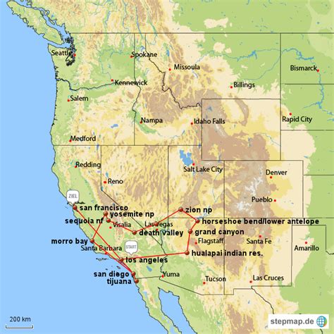 Stepmap Usa Reise 2007 Karte Westküste Landkarte Für Usa