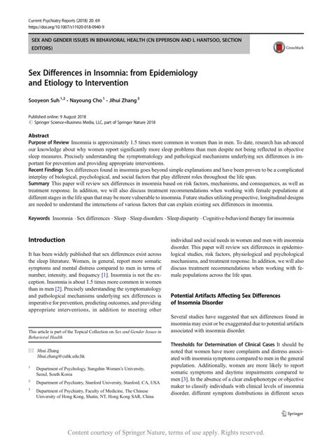 sex differences in insomnia from epidemiology and etiology to intervention request pdf