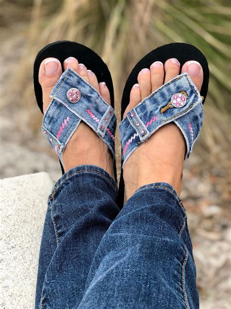 Flip Flops Denim Sandals Womens Blue Jeans Flip Flop Handmade Shoes Swarovski Crystals In