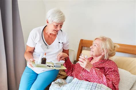 Nurse Brings Medication To Senior Citizen`s Bed Stock Image Image Of Citizen Citizens 244769789
