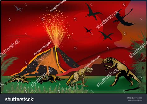 Illustration With Dinosaurs Near Volcano 117136858 Shutterstock