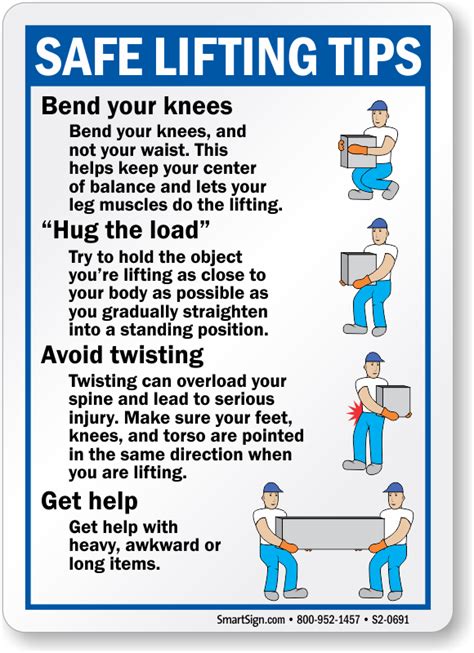 Safe Lifting Tips Bend Knees Hug Load Get Help Sign Sku S2 0691