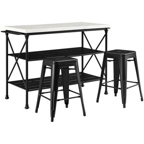 Crosley Madeleine Faux Marble Top Kitchen Island With Metal Stools In