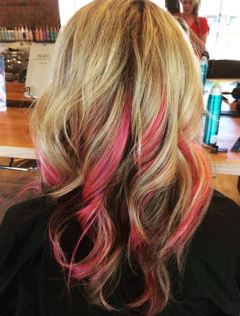 I love the pink hair and her red scarf. 20 Pretty Ideas of Peek a Boo Highlights for Any Hair Color