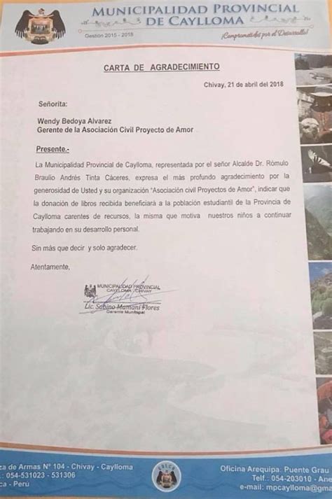 Carta De Agradecimiento Municipalidad Provincial De Caylloma