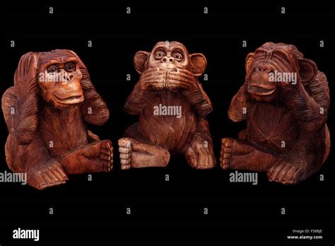 Three Wise Monkeys Figurines Of Wood On A Black Background Stock Photo