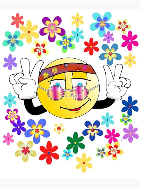 Peace Smiley Face Emoji And Flowers Retro Hippy Poster For Sale By