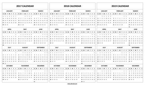 Printable 2017 2018 2019 Calendar Template Calendar Template