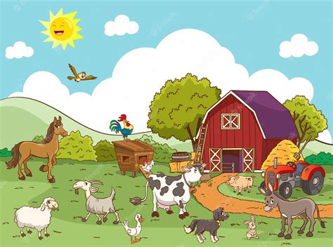 Premium Vector Cartoon Farm Animals In The Farming Background