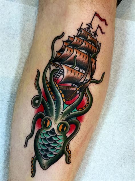 Traditional Kraken Attacking Ship Tattoo Tattoogoto
