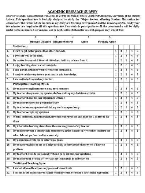 Learning Styles Questionnaire Printable