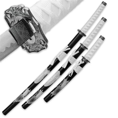 Ghost Katana 3 Piece Carbon Steel Sword Set With Display Stand Budk