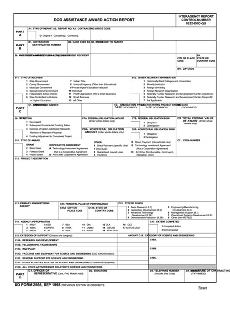 Fillable Dd Form 2566 Dod Assistance Award Action Report Printable
