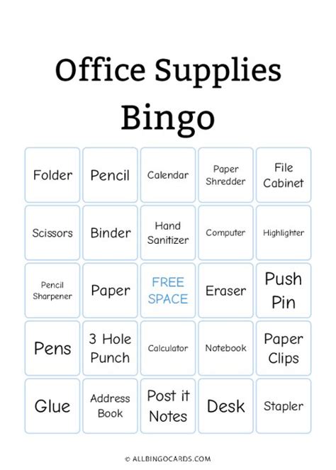 Printable Office Supplies Bingo Cards