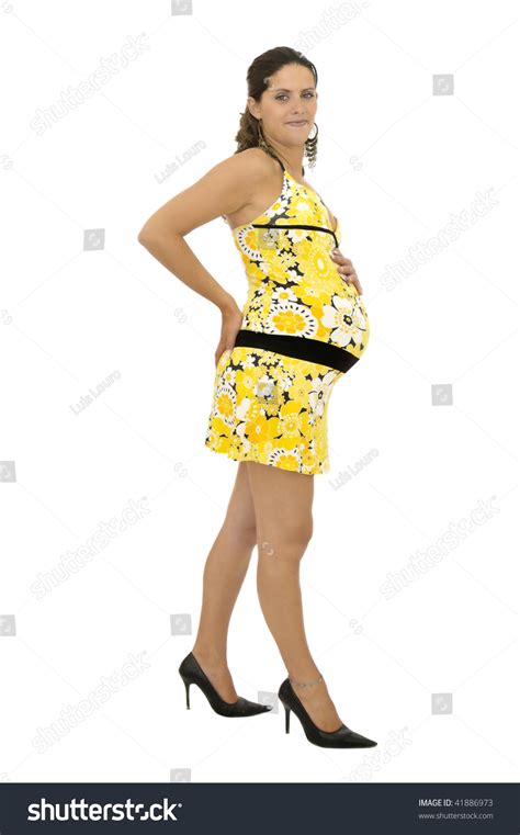 Pregnant Woman Posing Yellow Dress Isolated Stock Photo 41886973