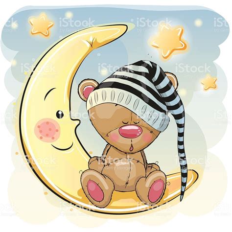 Cute Cartoon Teddy Bear Is Sleeping On The Moon Детские постеры