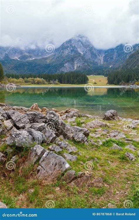 Beautiful Lago Di Fusine The Mountain Lake And Mangart Mountain Stock