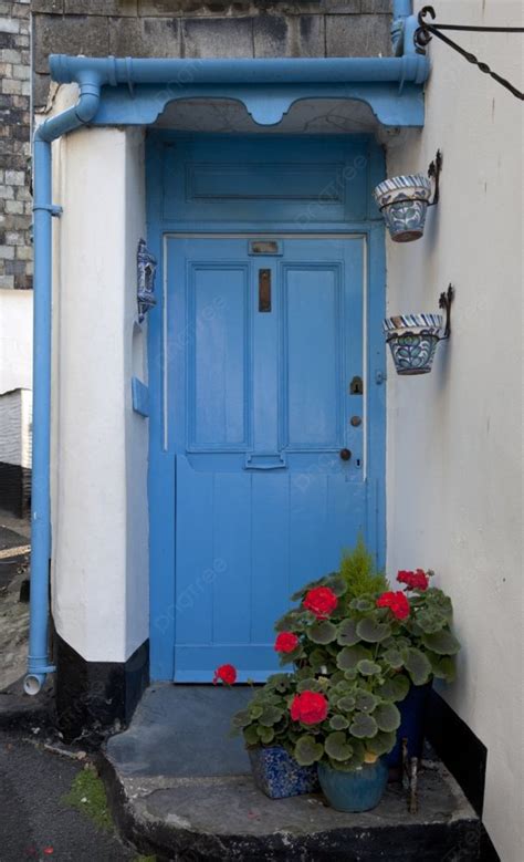 Blue Cottage Door With Geraniums Photo Background And Picture For Free
