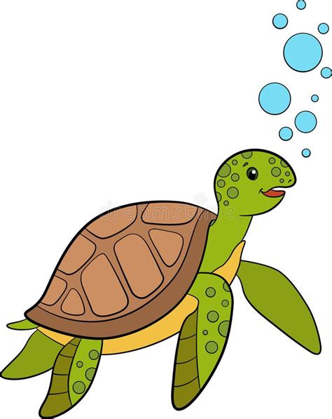 Cartoon Marine Animals Cute Smiling Sea Turtle Swims Underwater With