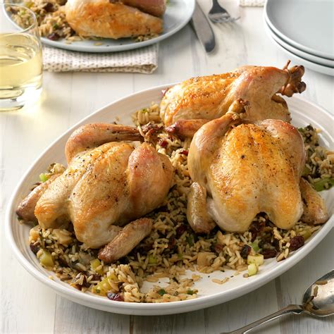 4 cornish hens 2 onions, coarsely chopped 2 tablespoons honey 12 slices bacon or. Cornish Hens with Wild Rice and Celery Recipe | Taste of Home