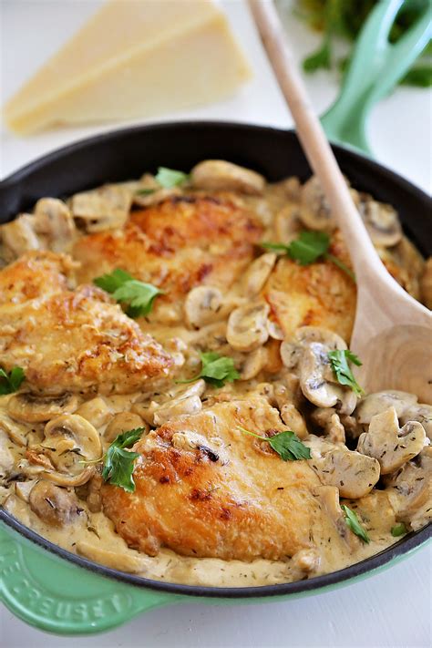 Dice the onion and add it to an oven safe deep skillet (3 qt. Creamy Chicken and Mushroom Skillet - The Comfort of Cooking