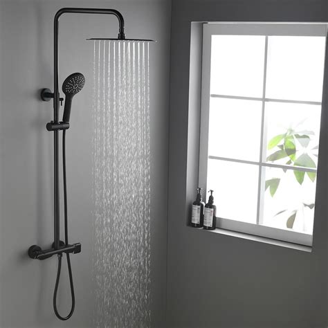 Contemporary Shower System Thermostatic Matte Black Solid Brass