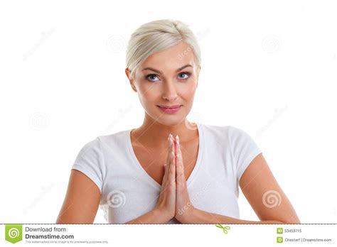 Blonde Woman With Holding Her Palms Together Stock Image Image Of Gesture Beauty 53459715