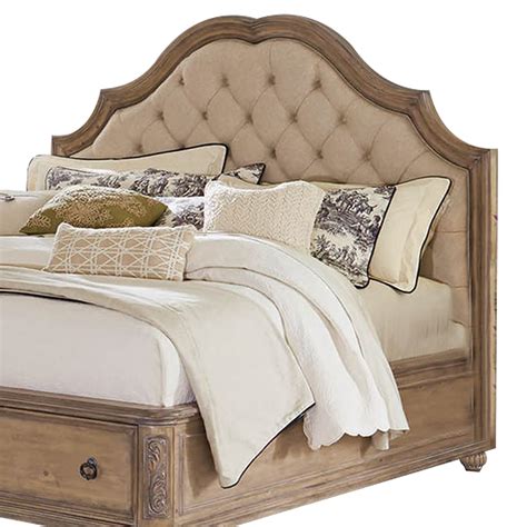 Scalloped Wooden Queen Size Bed With 2 Drawers Brown And Beige