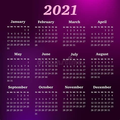 Vector Calendar For 2021 Year Week Starts Sunday Stock Vector
