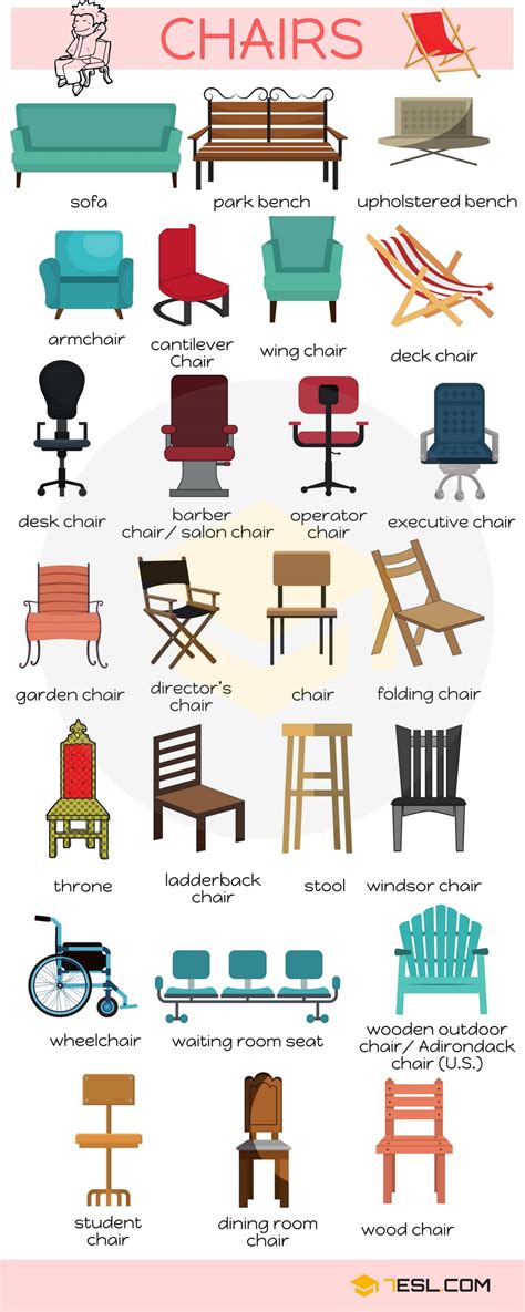 Therefore choosing a suitable chair design is needed so that the room is not too narrow or too loose. Different Types of Chairs in English - ESLBuzz Learning ...